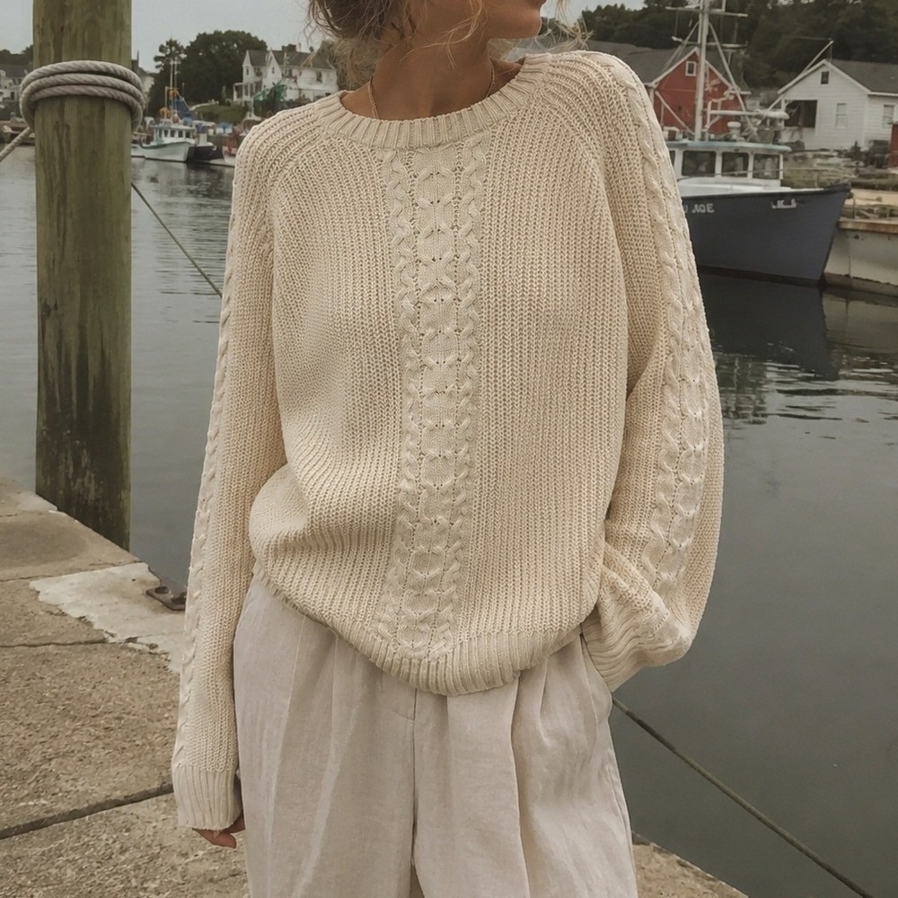 Vintage Fisherman Cable Knit Sweater Cream Ramie Cotton Coastal Pullover- L